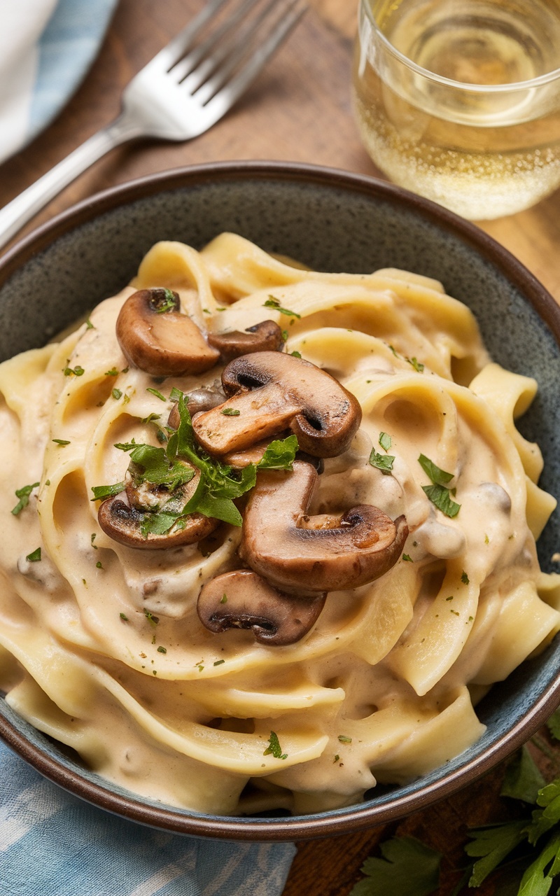 Creamy mushroom fettuccine Alfredo garnished with parsley in a rustic bowl on a wooden table.